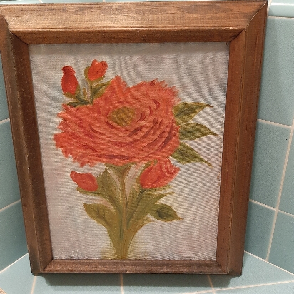 VTG SIGNED HAND PAINTED ROSE ON CANVAS. - Picture 12 of 14
